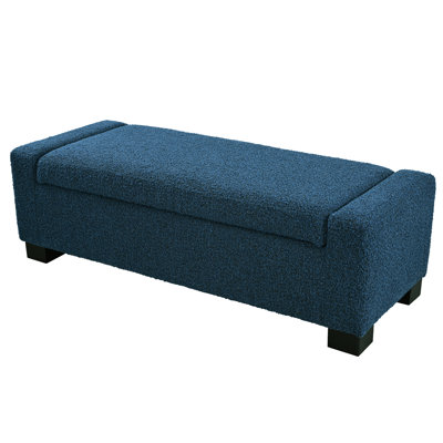 Banc en tissu doux texturé bleu de 50,75 po de largeur avec couvercle à charnières, convient aux repose-pieds de chambre à coucher avec rangement et sièges rembourrés