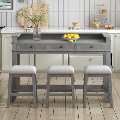 Kitchen Counter Height Bar Table Set, 3 Drawers, Pub Dining Furniture with Power Ports, Natural
