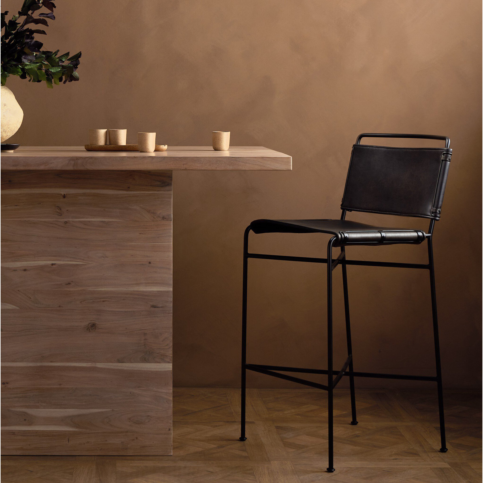 Kenza Counter Stool, Bar Stool (30” Seat Height), Vegan Leather-Black, Black
