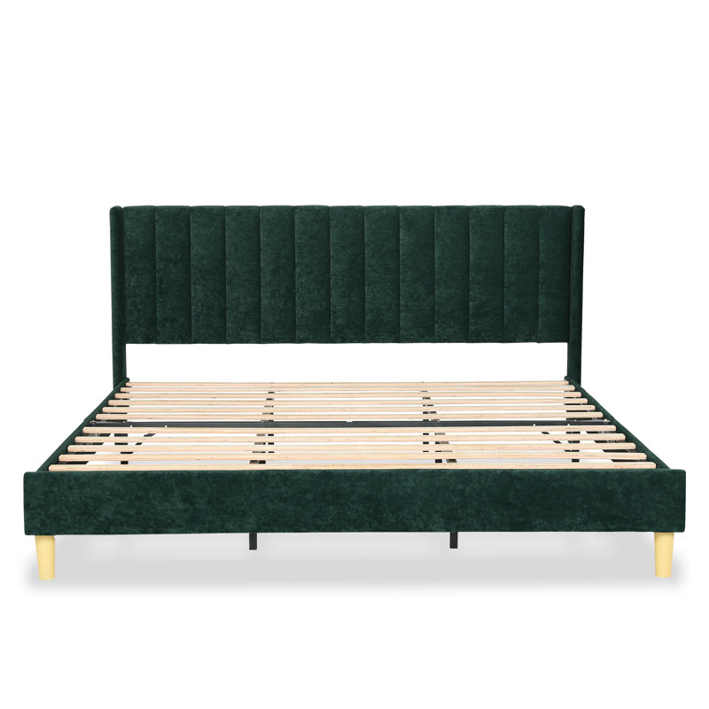 Base de lit tapissier avec tête de lit à oreilles Deeb, Très grand, Velours vert foncé