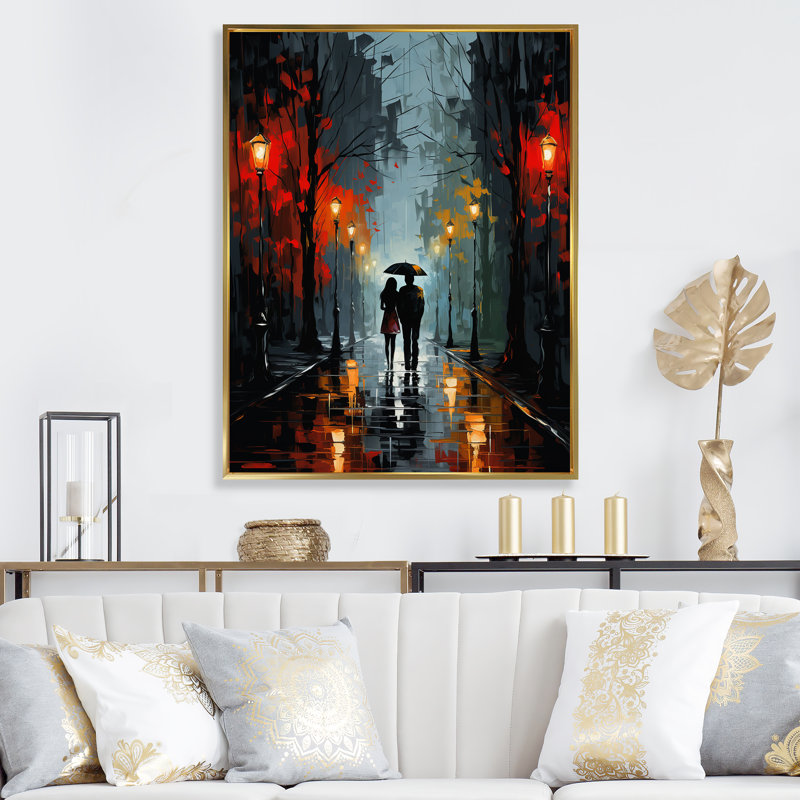 Couple, paysage urbain, allée - Portrait romantique, art mural, Cadre flottant doré, H 40 po x l 30 po x P 1,5 po