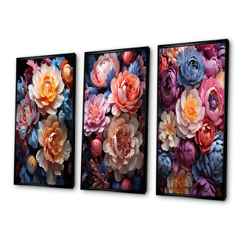 Belles pivoines colorées «Come Alive» - ensemble de 3 reproductions d'art sur toile, Cadre flottant noir, H 32 po x l 48 po
