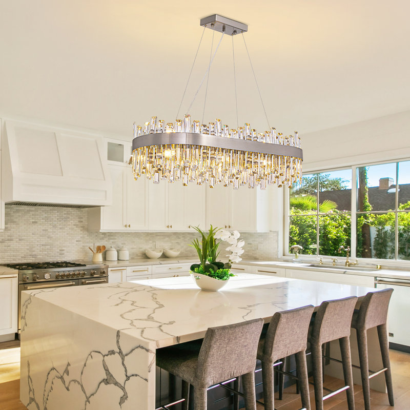  Lustre rectangulaire moderne en nickel brossé à 16 lumières avec accents en cristal Kacy pour îlot de cuisine Kacy