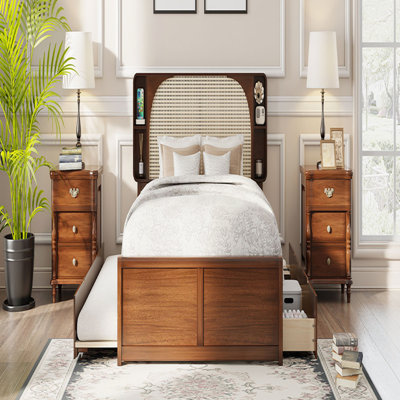 Queen Size Rattan Headboard Bed with Two Drawers and Trundle, Walnut, Space-Saving and Stylish
