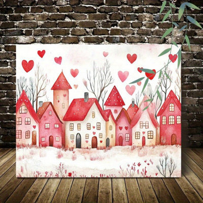 Whimsical Watercolor Red Heart Village Canvas Print - Urban Studio