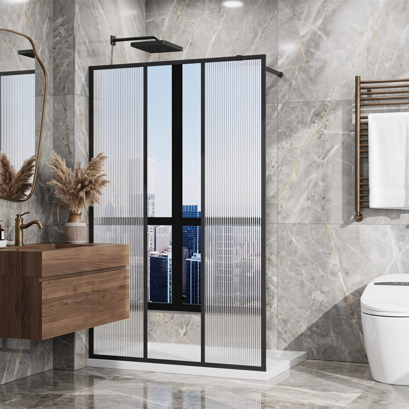 Porte de douche fixe 46 "x 72" noir mat, 3 panneaux 5 mm en verre trempé cannelé avec miroir central et film antidéflagrant
