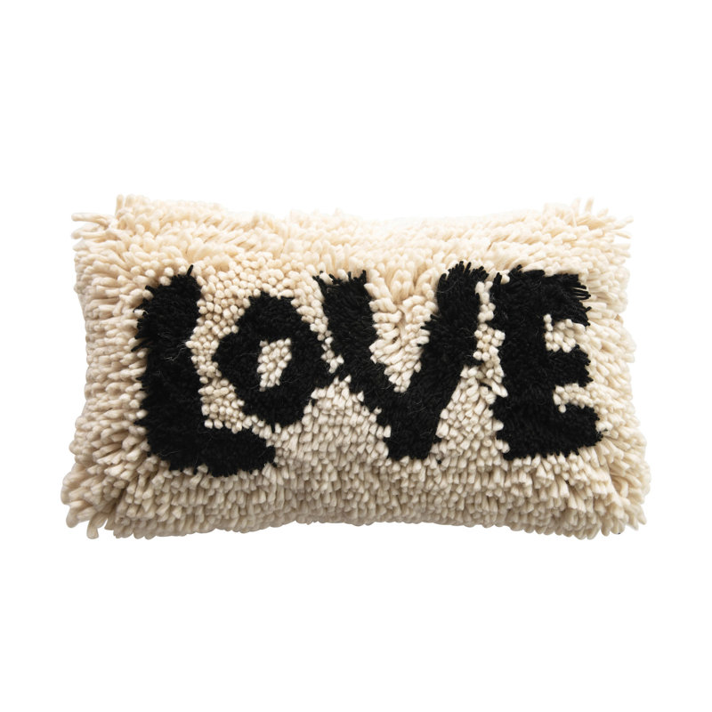 Woven Wool Shag Lumbar Pillow with "Love" Design
