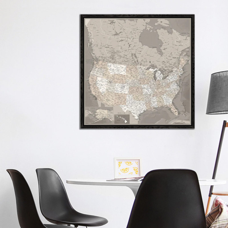 Detailed Map Of Usa And Canada, Davey by Blursbyai - Gallery-Wrapped Canvas Giclée on Canvas, Black Floater Framed