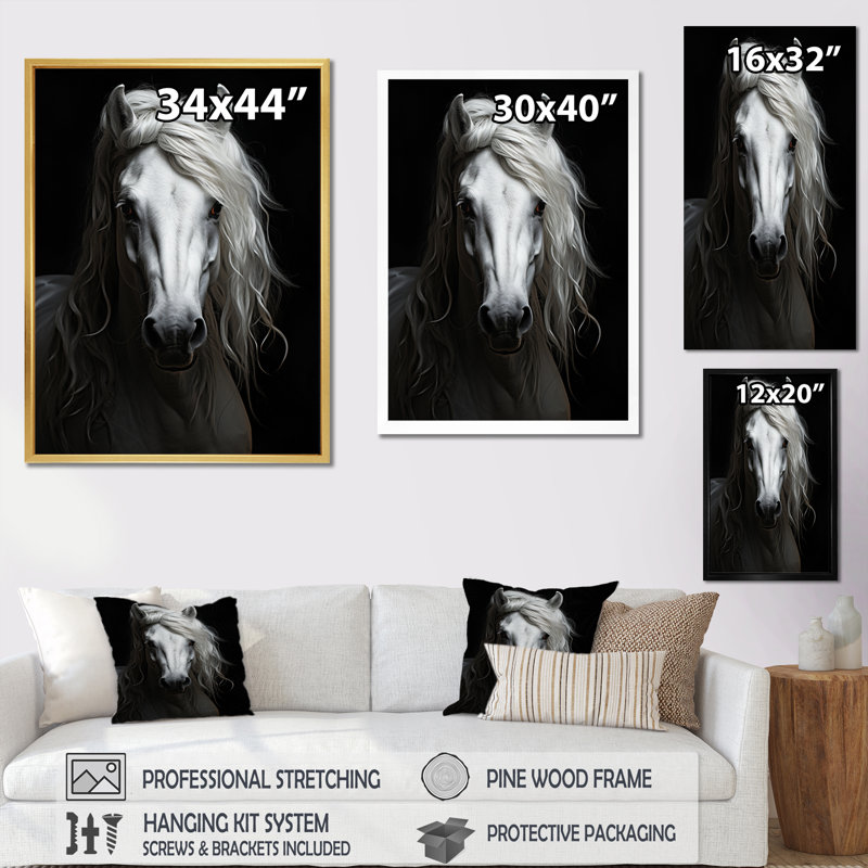 Gris gris majestueux - impressions encadrées de chevaux, H 44 po x l 34 po x P 1,5 po, Cadre simple noir