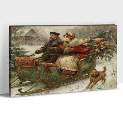 Art mural rétro d'hiver - décorations murales photos de Noël, impression d'art de vacances en traîneau pour le salon, art mural encadré de peintures de Noël, impression sur toile tendue, 24 po x 36 po