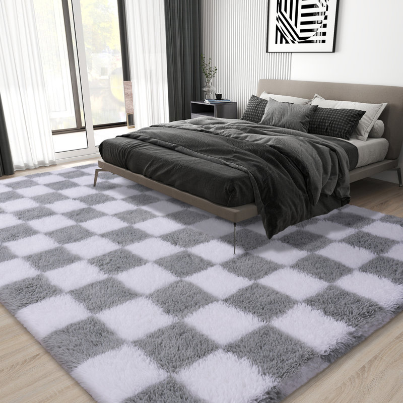 Checkered Fluffy Rug 6x9 Ft Washable Shaggy Fluffy Rug for Bedroom Living Room Plaid Runner Rug Fuzzy Shag Carpet Non-Slip for Kids Toddler Room Nursery Playroom