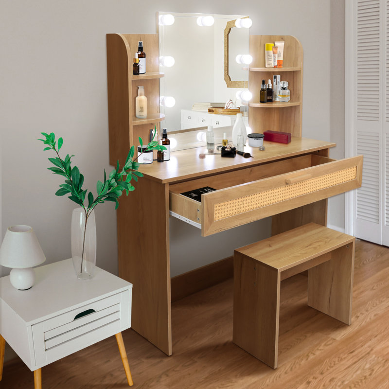Ensemble de coiffeuse avec tabouret et tiroirs, Bois naturel