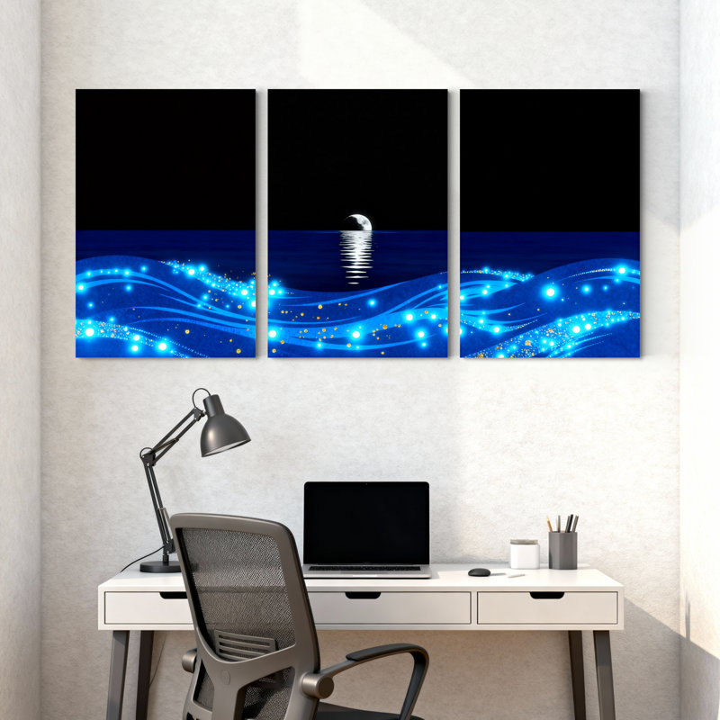 Ensemble de 3 impressions sur toile Blue Waves Moon Night Sparkle Light Ocean Glow, H 30 po x l 60 po
