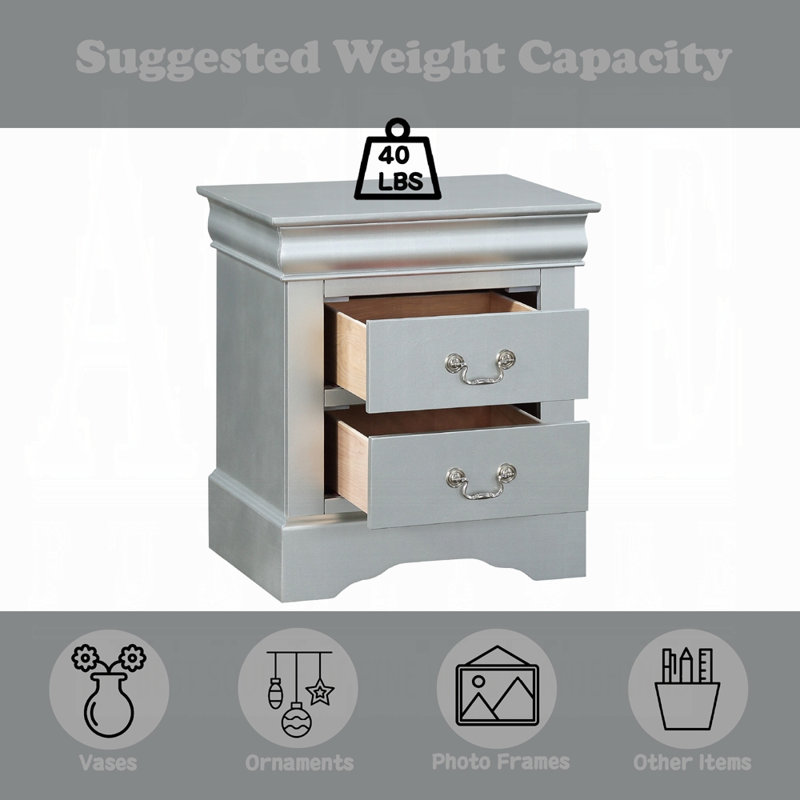 Sleek Black Modern Nightstand – 2 Drawer Storage with French Dovetail & Metal Glides, Brushed Nickel Handles for Bedroom