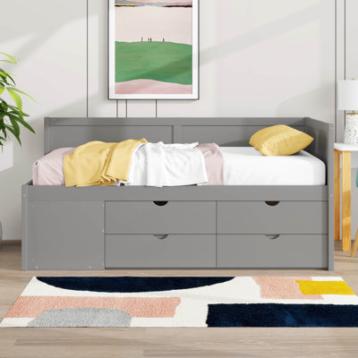 Twin Size Daybed With 4 Storage Drawers And Shelves, Wooden Platform Bed Frame With L-Shaped Headboard, Corner Bed by Lark Manor