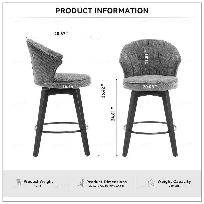 2PCS Chenille 25"Wing Back Swivel Bar Stools, Light Gray