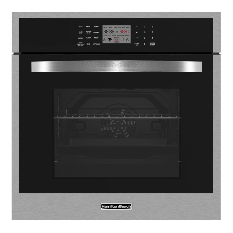 Hamilton Beach 24” 2200 Watt Built-In Electric Wall Oven, 3.0 cu. ft. Stainless Steel Oven with Rotisserie, 5 Cooking Functions, Timer Control & Double-Layer Glass Door, Stainless Steel