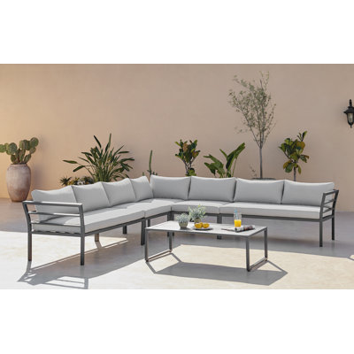 Alanzo Outdoor 6-8 Seater Corner Sofa And Coffee Table - Minimalist Modern Style (Cover Included)