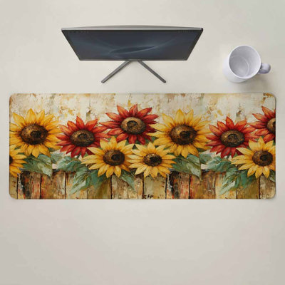 Tapis de souris tournesols vintage pour clavier et souris, style champêtre estival, avec base antidérapante. Tapis décoratif pour le bureau, la maison ou les jeux. Dimensions : 40 x 90 cm. Livré avec une tasse blanche.