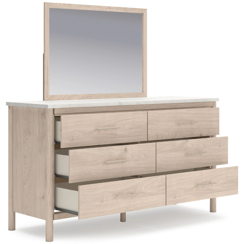 Mooran 2Pc Dresser Mirror Set, 6 Drawer, Light Brown, White Faux Marble, White/Light Brown