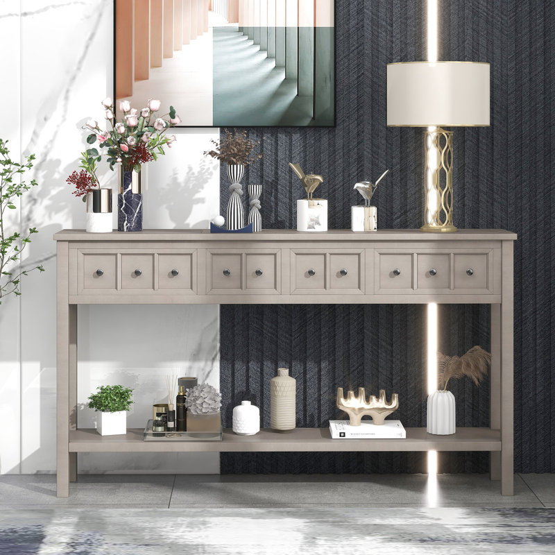 Table rustique, 60 po. Gris délavé. Deux tiroirs et une tablette. Structure en bois massif. Console élégante pratique de 60 po avec tablette, bois de lavage pour la longévité