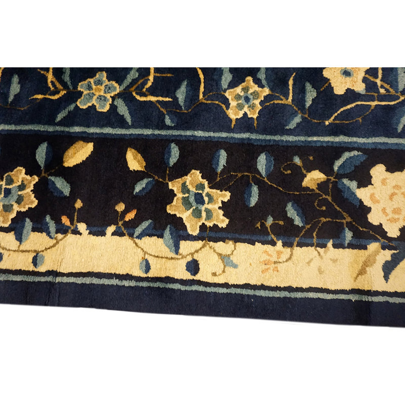 Antique 1920s Wool Floral Blue Hand Knotted Pile Rectangle Rug