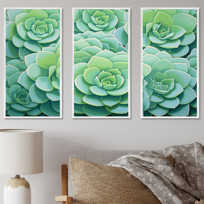 «Green Succulents Bloom», ensemble d'art mural sur toile, Cadre flottant blanc, H 32 po x l 48 po x P 1 po