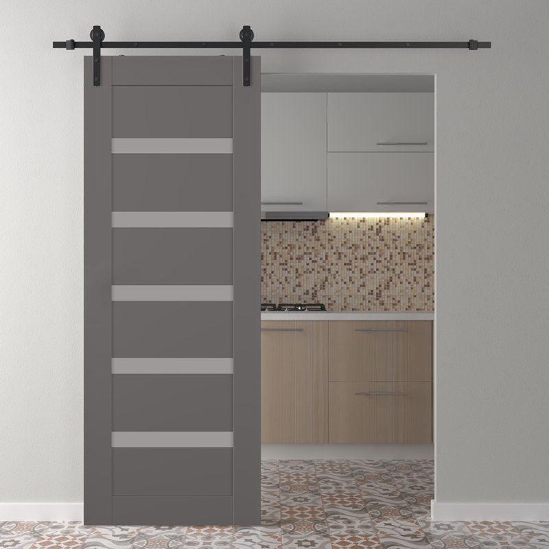 Porte de grange en bois massif et verre Leora Vetro avec trousse de quincaillerie d'installation, 35,875 po x 83,23 po, Noir