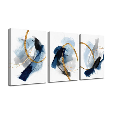 "Blue Abstract", reproduction d'art sur toile - Lignes bleues et noires dorées, fantaisie, graffiti coloré, peinture, image pour chambre à coucher, salon, bureau à domicile, décoration murale, panneaux de 12 po x 16 po x 3 po