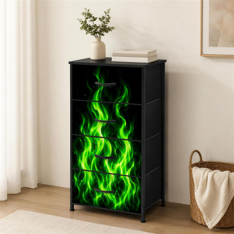 Commode à 4 tiroirs pour chambre à coucher avec des flammes vertes brillantes et une conception abstraite de petite taille pour les commodes avec commodes en bois