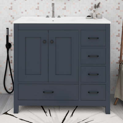 Meuble-lavabo 36 po avec lavabo en céramique, armoire de rangement abondante, 2 portes à fermeture douce et 5 tiroirs