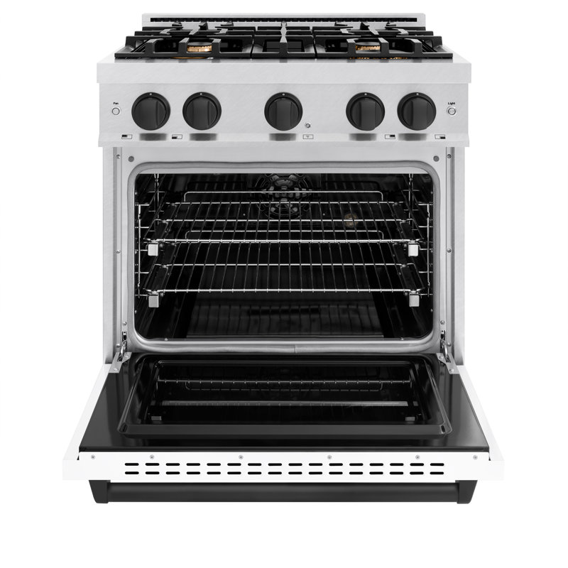 ZLINE Autograph Edition 30 in. 4.2 cu. ft. Classic Dual Fuel Range with 4 Burner Gas Cooktop and Electric Convection Oven in Satin Stainless Steel with White Matte Door and Accents