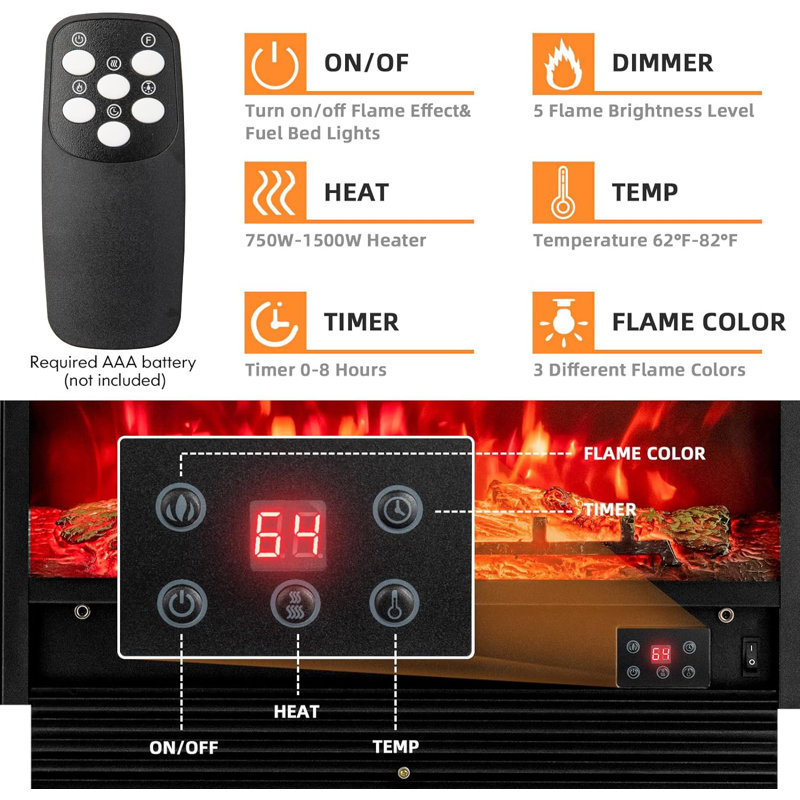 28.5" Black Wall Mounted Electric Fireplace with Adjustable Flames
