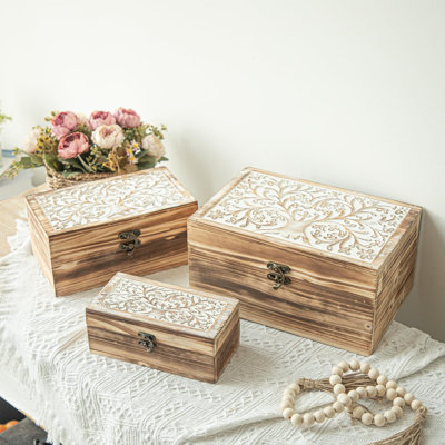 3 Piece Tree of Life Carved Wooden Keepsake Boxes with Lids