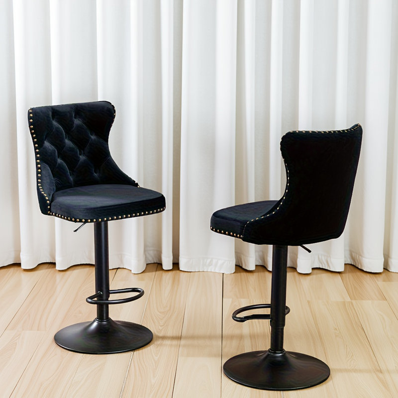Ensemble de 2 tabourets de bar pivotants en velours noir - hauteur de siège réglable (25 à 33 pouces), base chromée de 17,7 po avec dossier capitonné, support de taille ergonomique pour bistro et îlot de cuisine