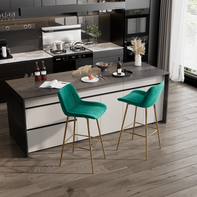 Set of Bar Stools, Velvet Upholstered Fabric Counter Stool With Solid Metal Frame and Velvet Low Back Armless by Mercer41