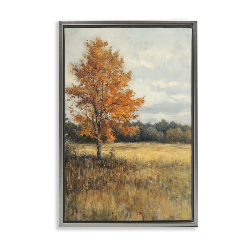 Cadre flottant paysage d'arbre orange, design par Petal Prints Design, H 31 po x l 21 po, Cadre flottant gris lustré