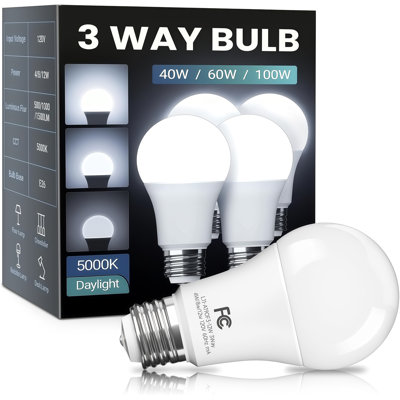 3‑Way A19 LED Light Bulb, 40/60/100 Watt Equivalent, 2700K Warm White, 500/1000/1500LM, E26 Base, 4 Pack