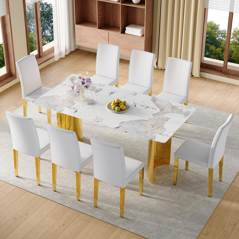71" Rectangular Dining Table Set For 8 Featuring A Faux Marble Tabletop Paired With PU Leather Chairs. This 9-Piece Dining Set Is Suitable For Homes, Restaurants, And Office Spaces.