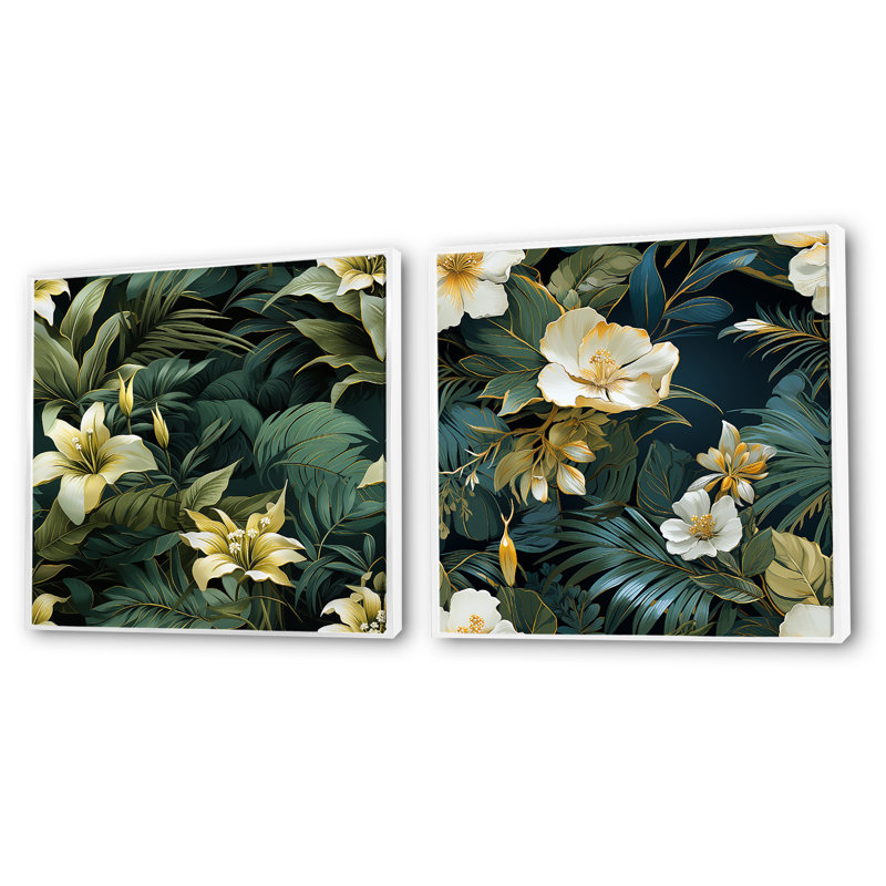 Sherborn - Ensemble de 2 collages carrés floraux, Cadre flottant blanc, H 30 po x l 61 po
