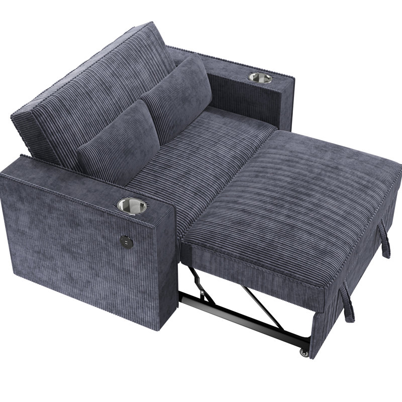 Canapé-lit en velours côtelé gris foncé de style contemporain avec porte-gobelets et porte-gobelet