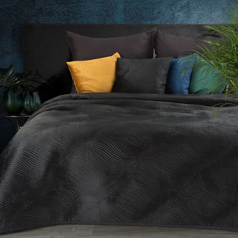 Carmody Polyester Solid Colour Bedspread, Black, W170 x L210cm