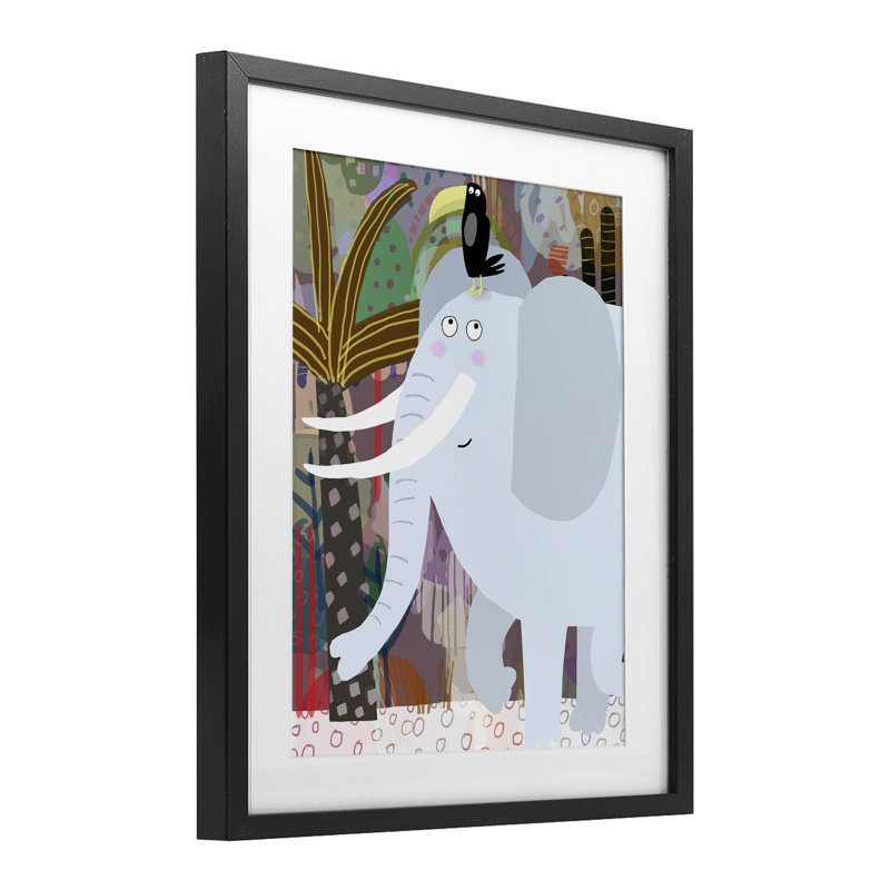 «Elephant & Toucan in Jungle», reproduction sous verre encadrée, design par Carla Daly, Cadre noir minuit, H 16 po x l 13 po