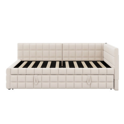 Full Size Daybed With Twin Pop Up Trundle, Upholstered L-Shaped Day Bed Frameand With USB Ports For Kids Adults by Latitude Run