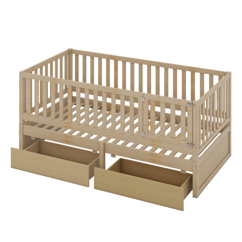 Lit de jour en bois avec barrière de sécurité et 2 tiroirs Ivann, Lit simple, Naturel