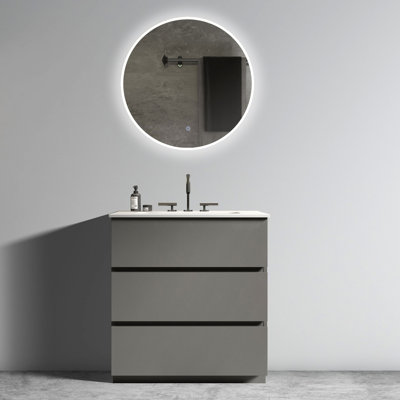 Lavabo de salle de bain moderne gris de 76 cm (30 po) - Glisse sans frottement, grand espace de rangement grâce à ses armoires, fonctionnement silencieux