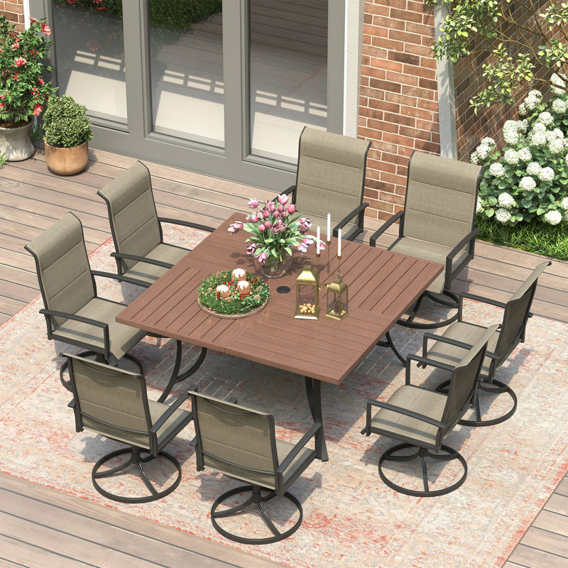 Patio Dining Set with 8 Padded Swivel Dining Chairs and 59" Square Dining Table, Brush Wood Brown/Brown