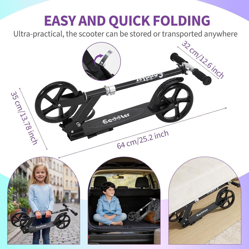 Trottinette pour enfants avec plateforme antidérapante, guidon réglable et roues lumineuses à DEL, Noir