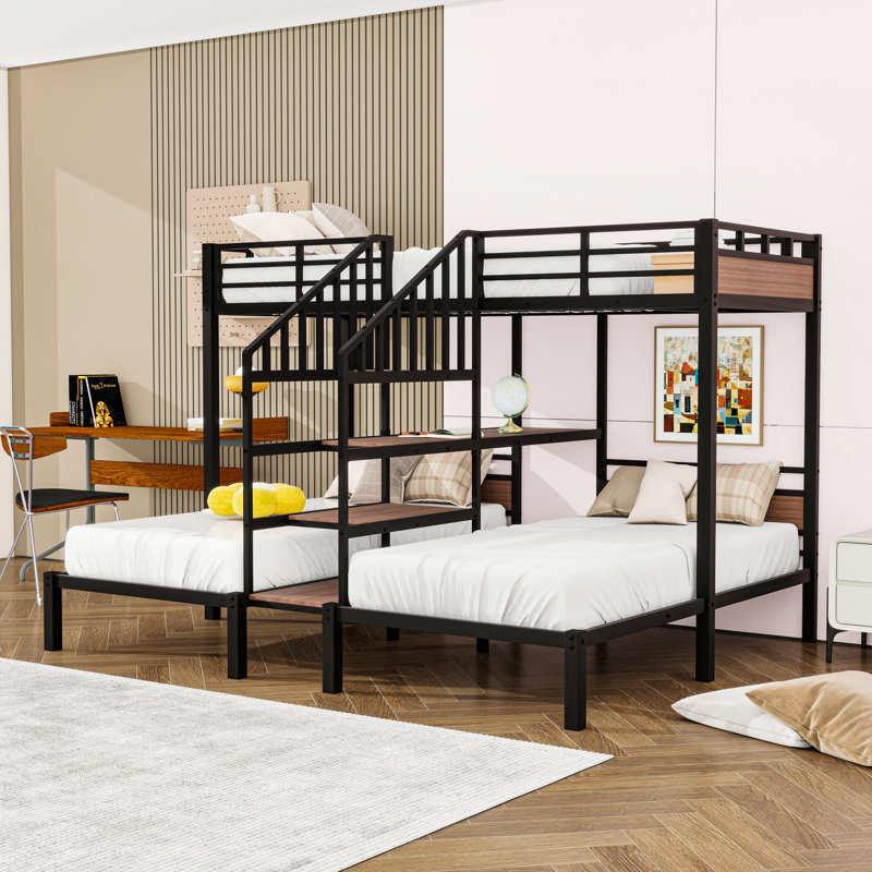 Metal Bunk Bed With Shelves And Slats, Twin Over Twin and Twin