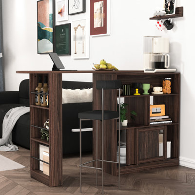 Bar de style moderne en noyer avec 6 compartiments de rangement et un support à sauce rotatif avec 2 fentes en verre nervurées